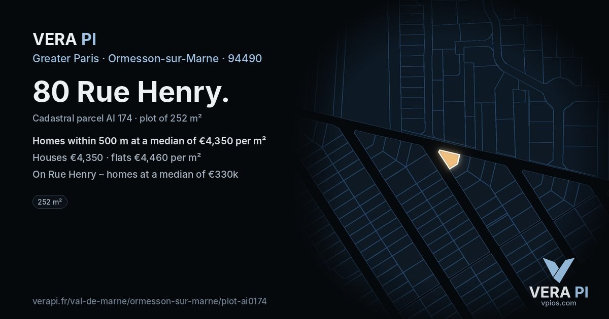 80 Rue Henry, Ormesson-sur-Marne at night – the plot lit, the parcels around coloured by the prices near them
