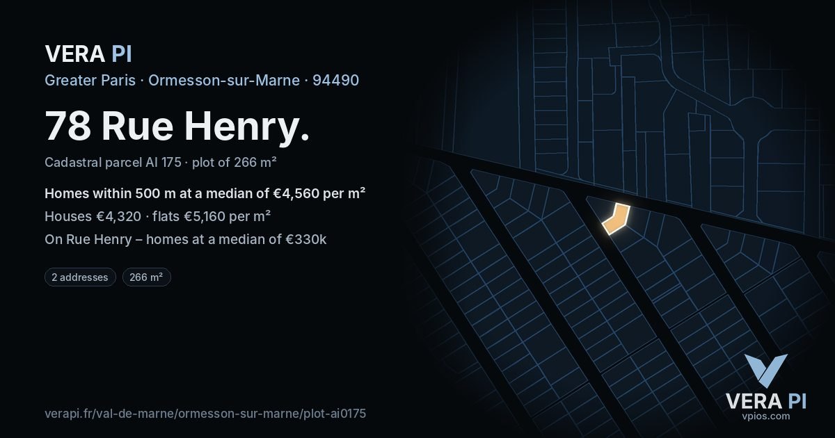 78 Rue Henry, Ormesson-sur-Marne at night – the plot lit, the parcels around coloured by the prices near them