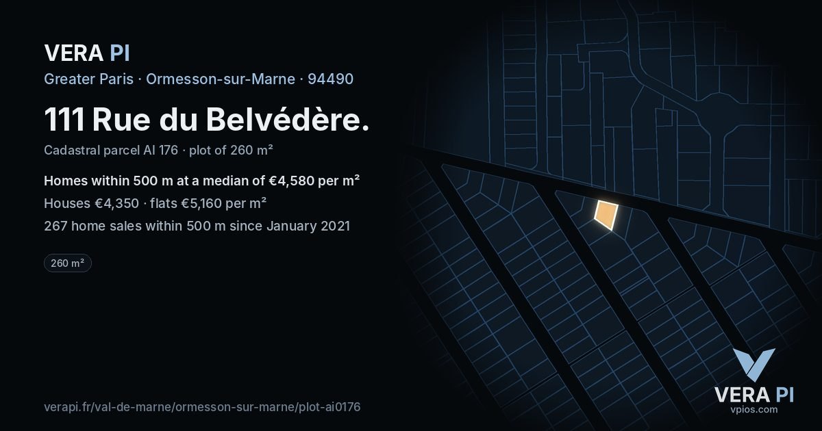 111 Rue du Belvédère, Ormesson-sur-Marne at night – the plot lit, the parcels around coloured by the prices near them