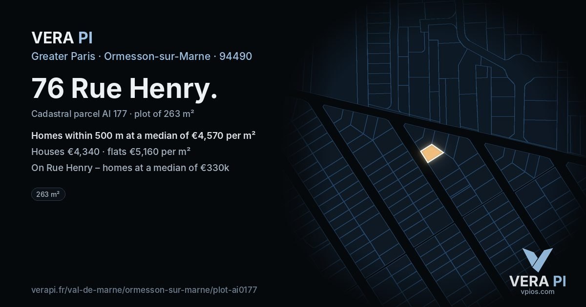 76 Rue Henry, Ormesson-sur-Marne at night – the plot lit, the parcels around coloured by the prices near them