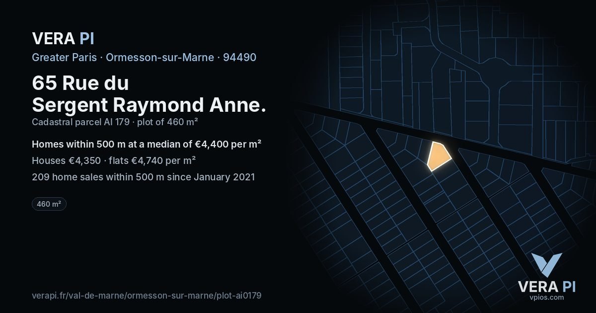 65 Rue du Sergent Raymond Anne, Ormesson-sur-Marne at night – the plot lit, the parcels around coloured by the prices near them
