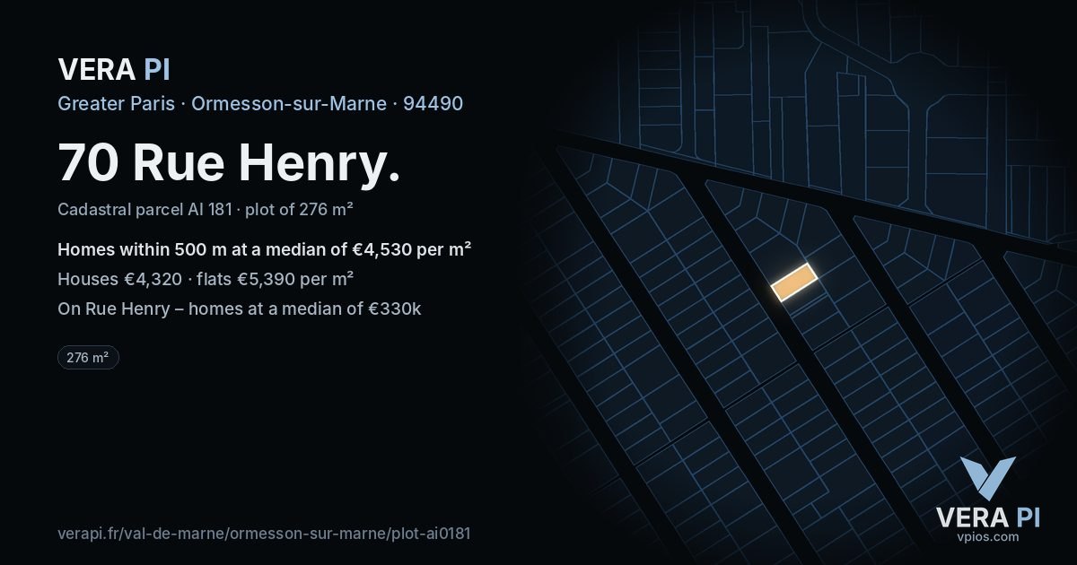 70 Rue Henry, Ormesson-sur-Marne at night – the plot lit, the parcels around coloured by the prices near them