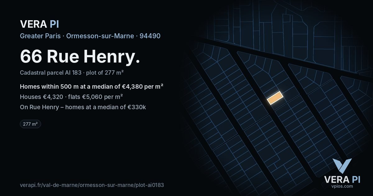 66 Rue Henry, Ormesson-sur-Marne at night – the plot lit, the parcels around coloured by the prices near them