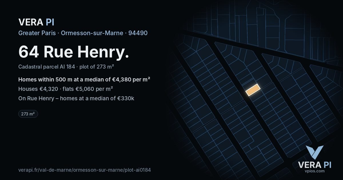 64 Rue Henry, Ormesson-sur-Marne at night – the plot lit, the parcels around coloured by the prices near them