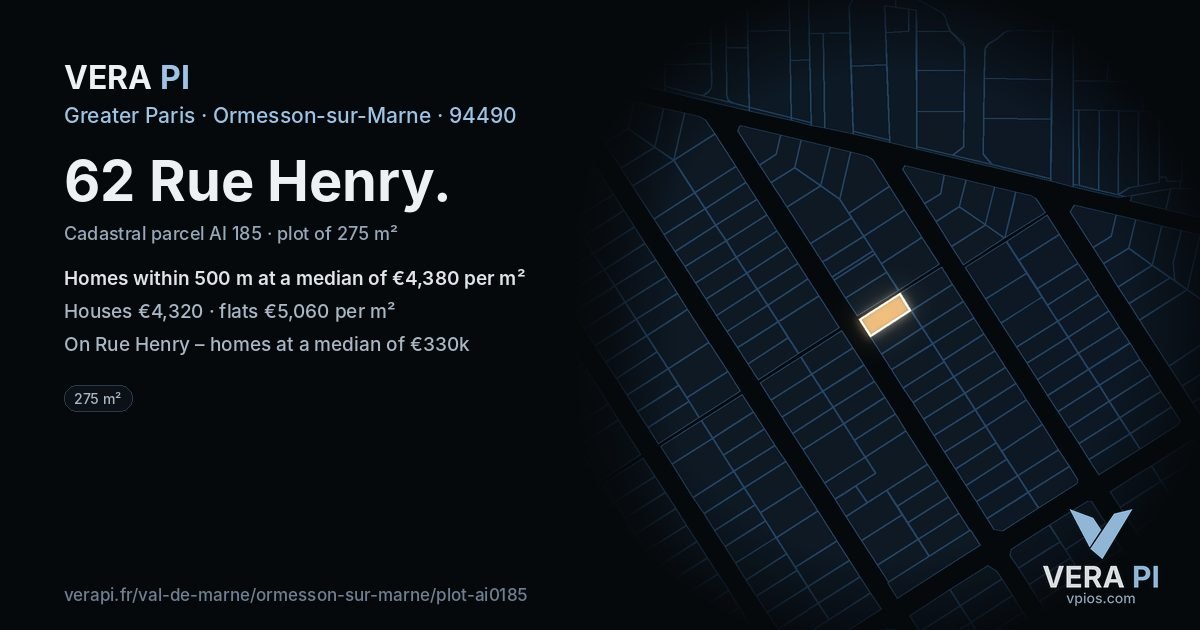 62 Rue Henry, Ormesson-sur-Marne at night – the plot lit, the parcels around coloured by the prices near them
