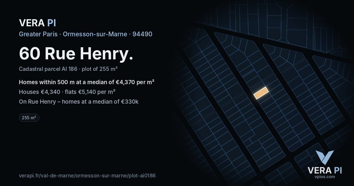 60 Rue Henry, Ormesson-sur-Marne at night – the plot lit, the parcels around coloured by the prices near them