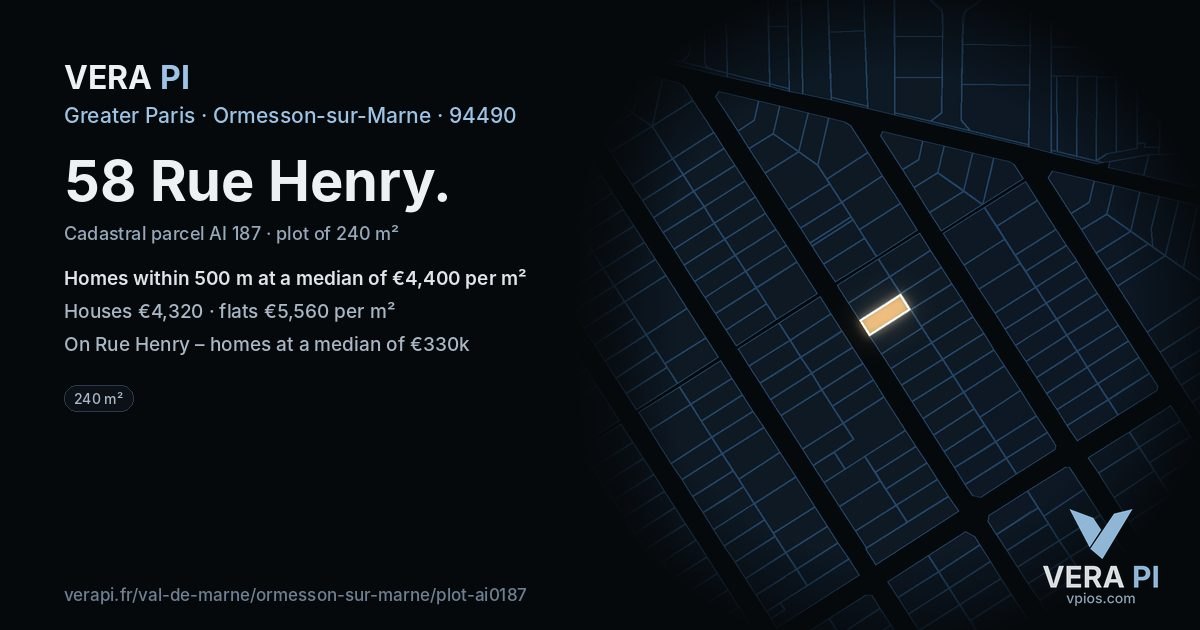 58 Rue Henry, Ormesson-sur-Marne at night – the plot lit, the parcels around coloured by the prices near them