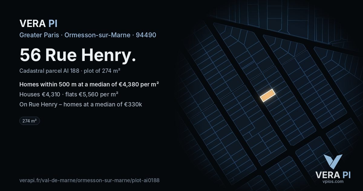 56 Rue Henry, Ormesson-sur-Marne at night – the plot lit, the parcels around coloured by the prices near them