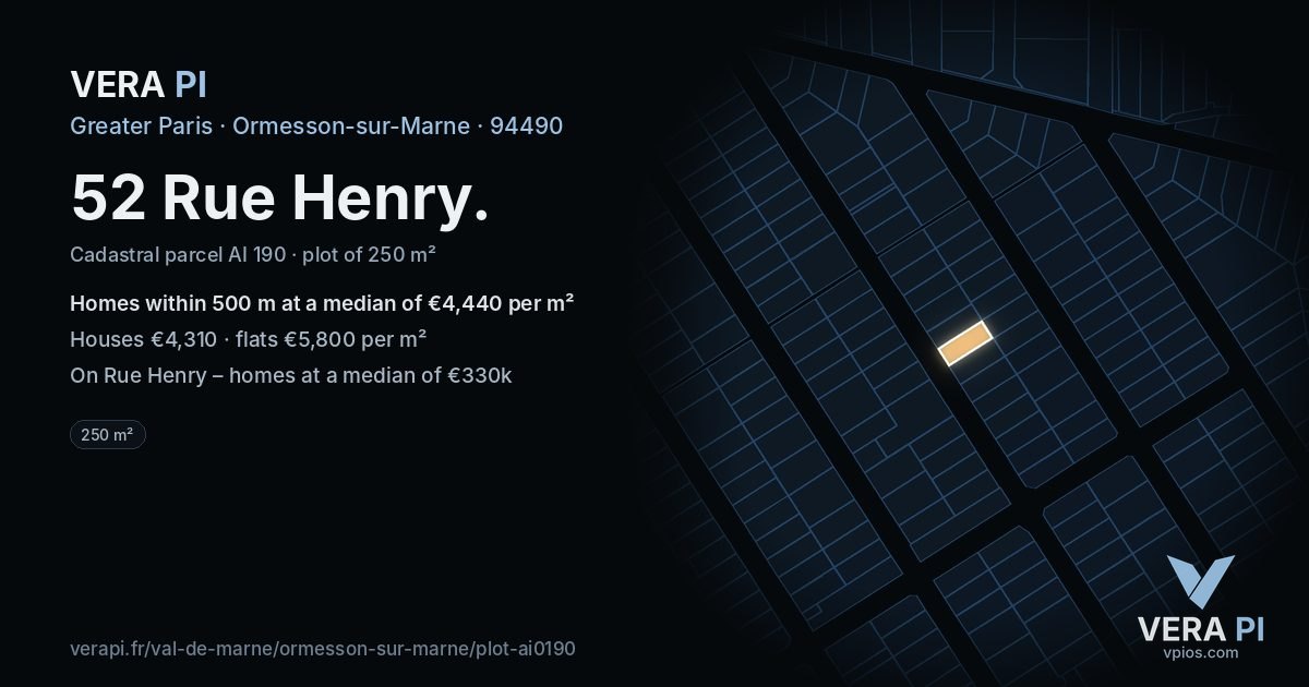 52 Rue Henry, Ormesson-sur-Marne at night – the plot lit, the parcels around coloured by the prices near them
