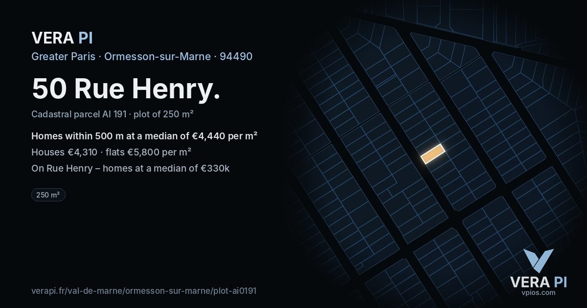 50 Rue Henry, Ormesson-sur-Marne at night – the plot lit, the parcels around coloured by the prices near them