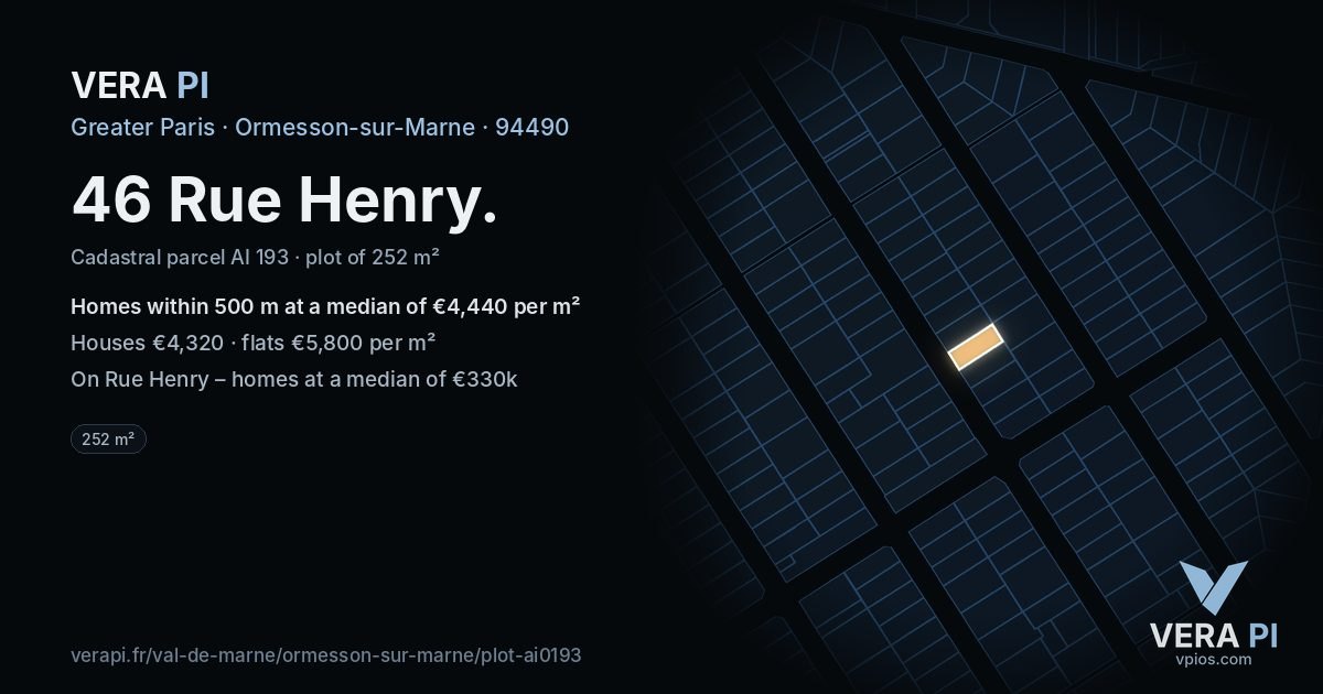 46 Rue Henry, Ormesson-sur-Marne at night – the plot lit, the parcels around coloured by the prices near them
