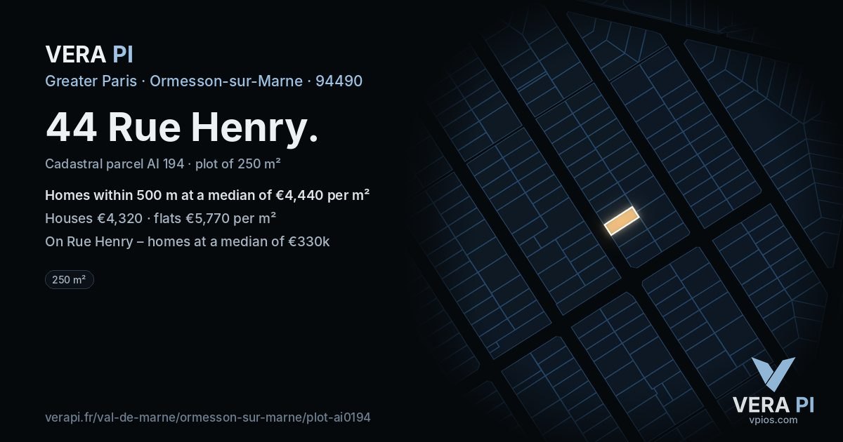 44 Rue Henry, Ormesson-sur-Marne at night – the plot lit, the parcels around coloured by the prices near them