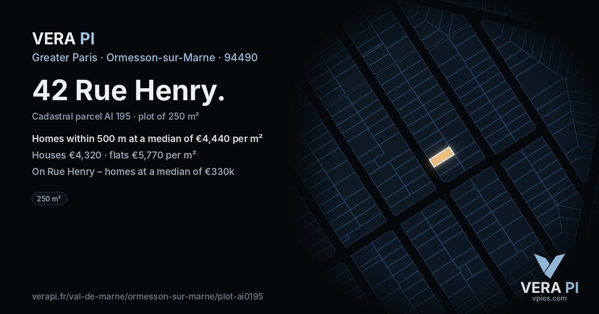 42 Rue Henry, Ormesson-sur-Marne at night – the plot lit, the parcels around coloured by the prices near them