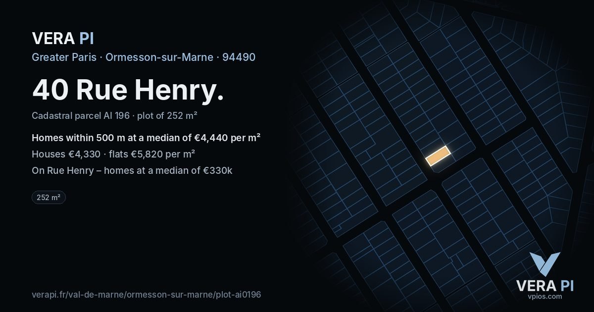 40 Rue Henry, Ormesson-sur-Marne at night – the plot lit, the parcels around coloured by the prices near them