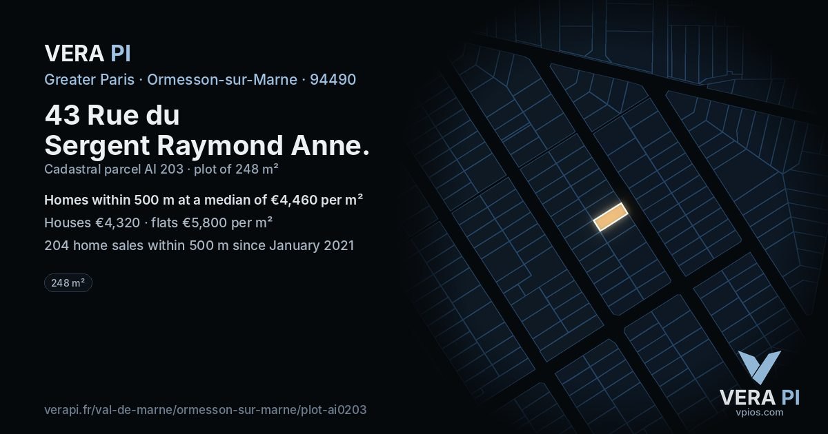 43 Rue du Sergent Raymond Anne, Ormesson-sur-Marne at night – the plot lit, the parcels around coloured by the prices near them