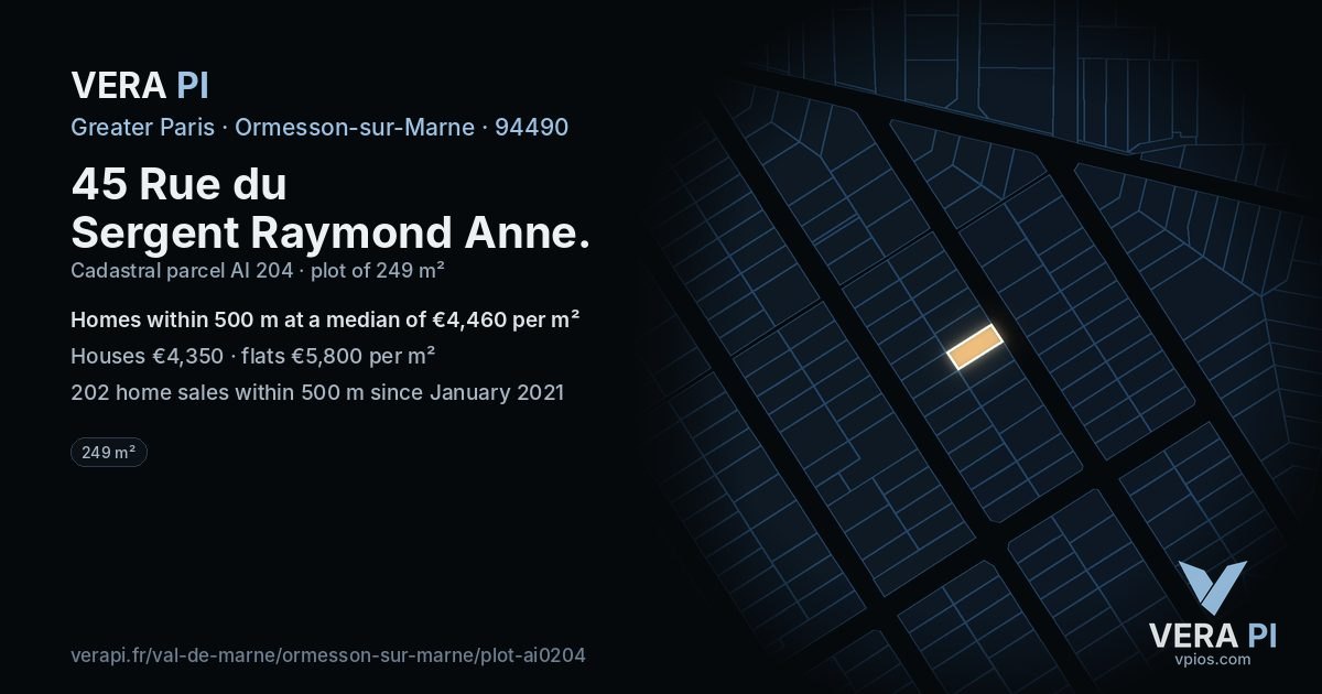 45 Rue du Sergent Raymond Anne, Ormesson-sur-Marne at night – the plot lit, the parcels around coloured by the prices near them
