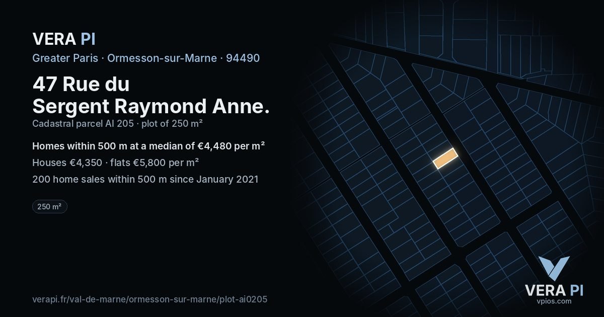 47 Rue du Sergent Raymond Anne, Ormesson-sur-Marne at night – the plot lit, the parcels around coloured by the prices near them