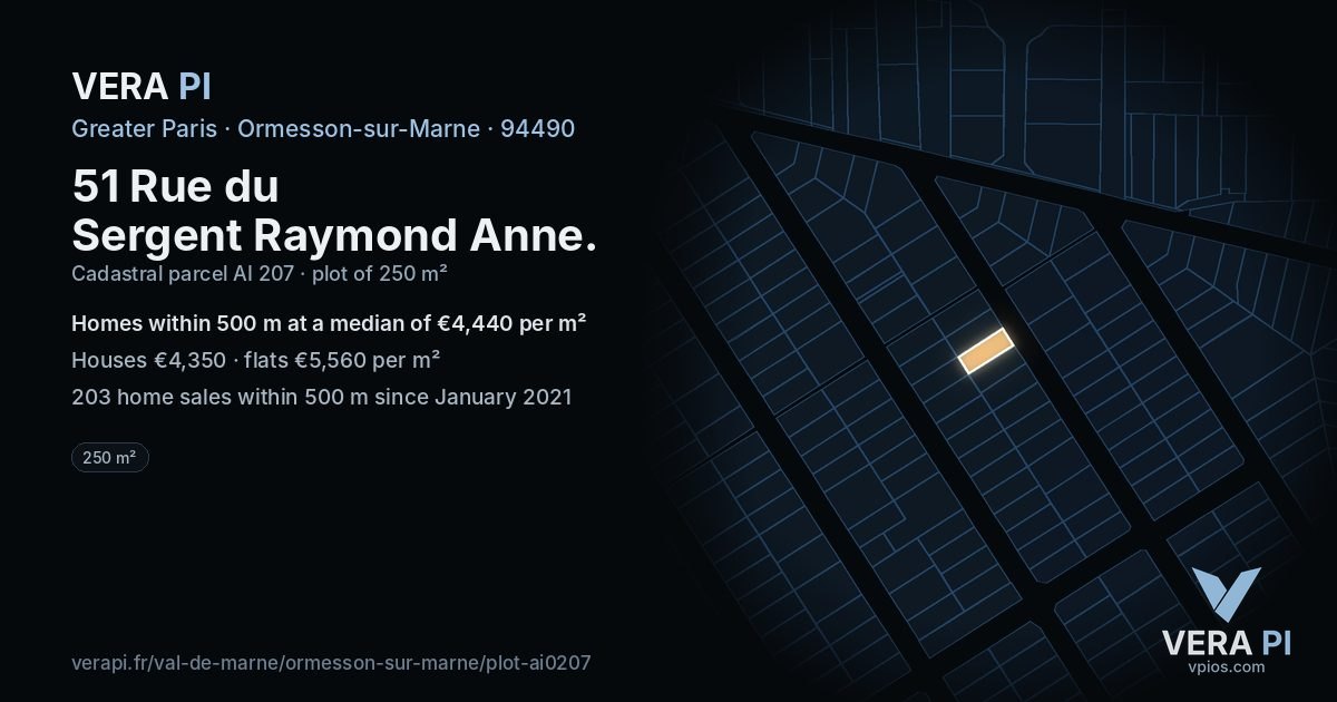 51 Rue du Sergent Raymond Anne, Ormesson-sur-Marne at night – the plot lit, the parcels around coloured by the prices near them