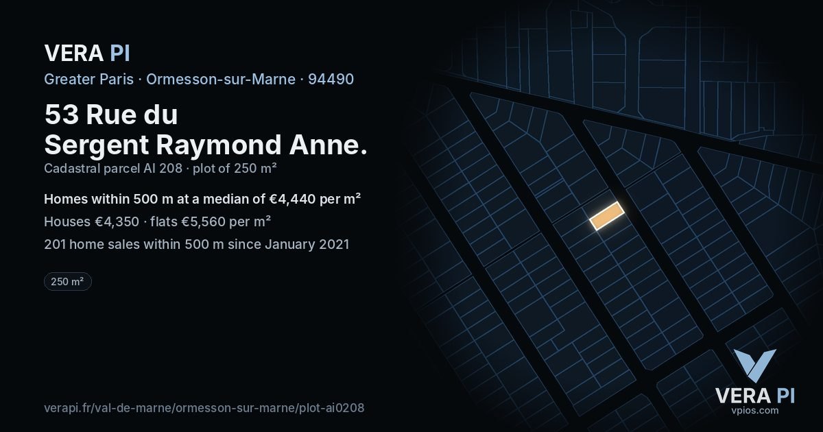 53 Rue du Sergent Raymond Anne, Ormesson-sur-Marne at night – the plot lit, the parcels around coloured by the prices near them