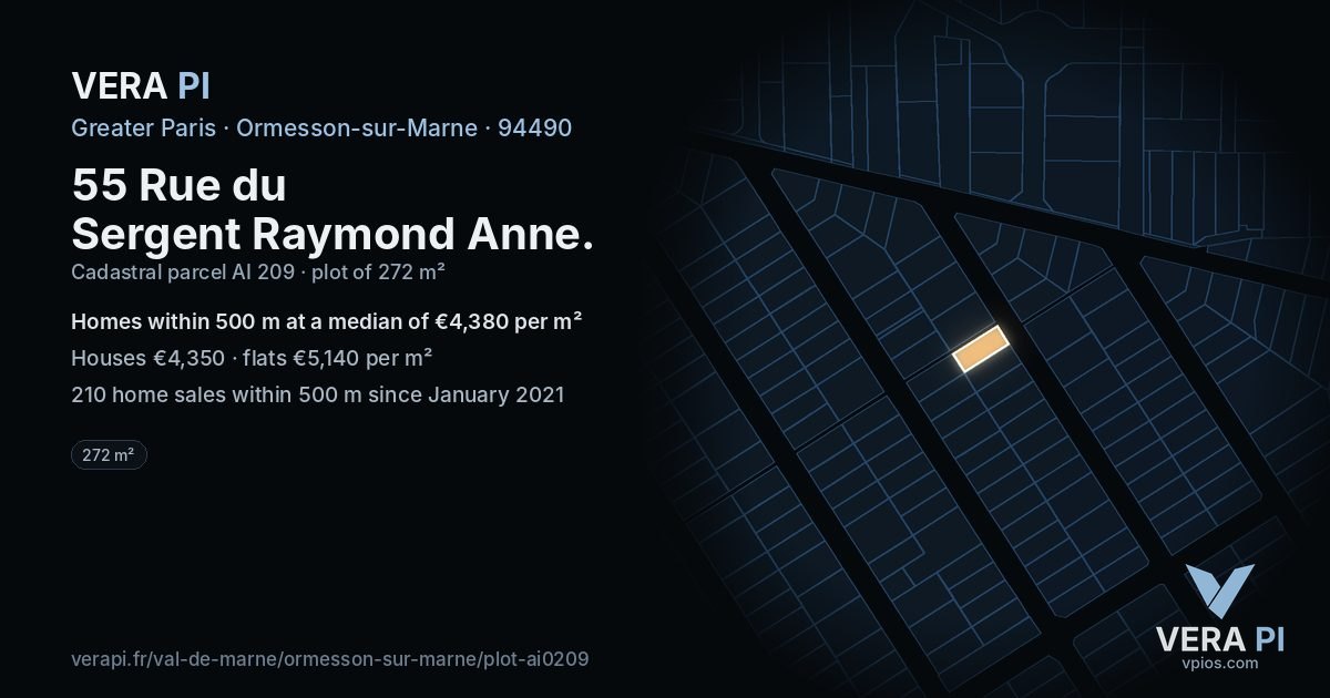 55 Rue du Sergent Raymond Anne, Ormesson-sur-Marne at night – the plot lit, the parcels around coloured by the prices near them