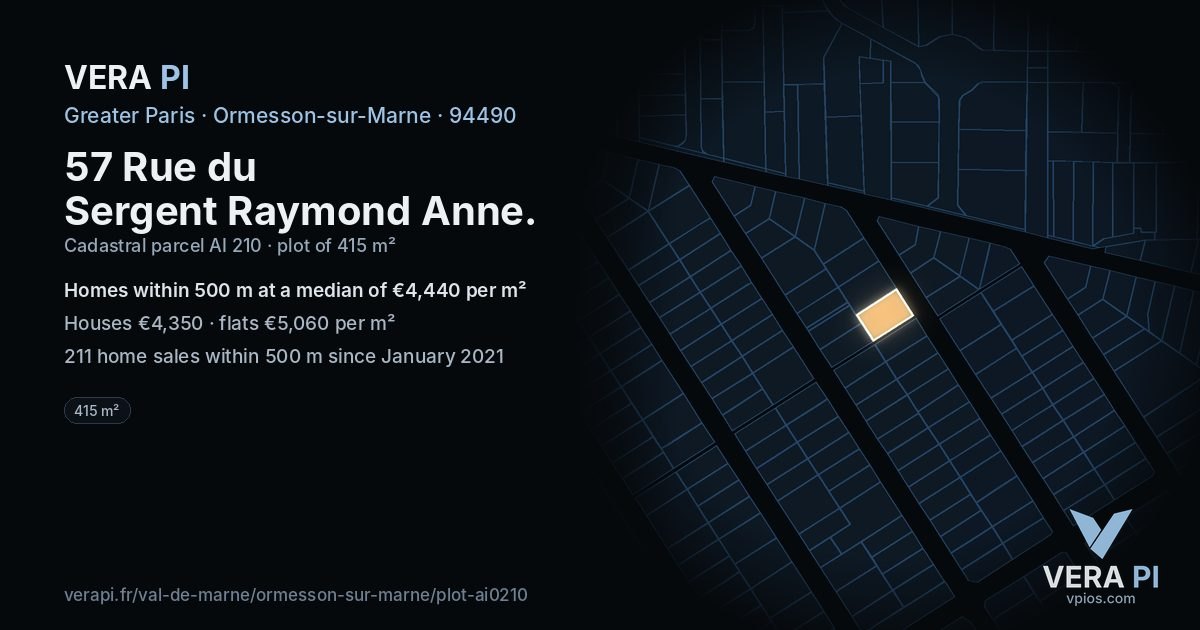 57 Rue du Sergent Raymond Anne, Ormesson-sur-Marne at night – the plot lit, the parcels around coloured by the prices near them