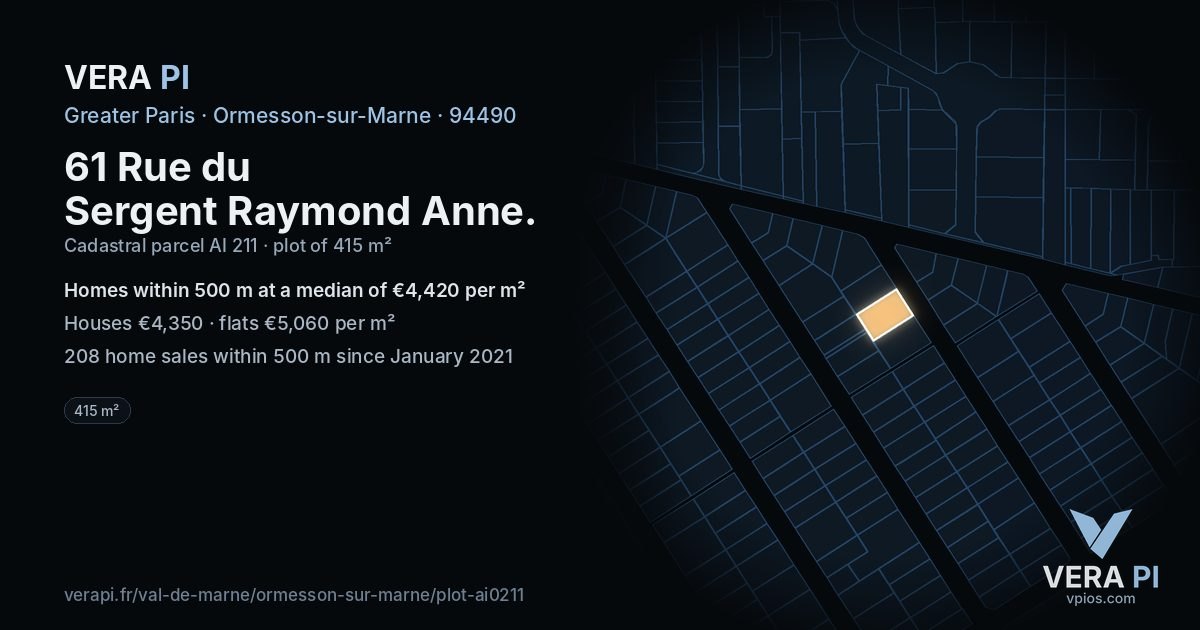 61 Rue du Sergent Raymond Anne, Ormesson-sur-Marne at night – the plot lit, the parcels around coloured by the prices near them