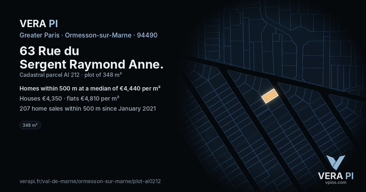 63 Rue du Sergent Raymond Anne, Ormesson-sur-Marne at night – the plot lit, the parcels around coloured by the prices near them