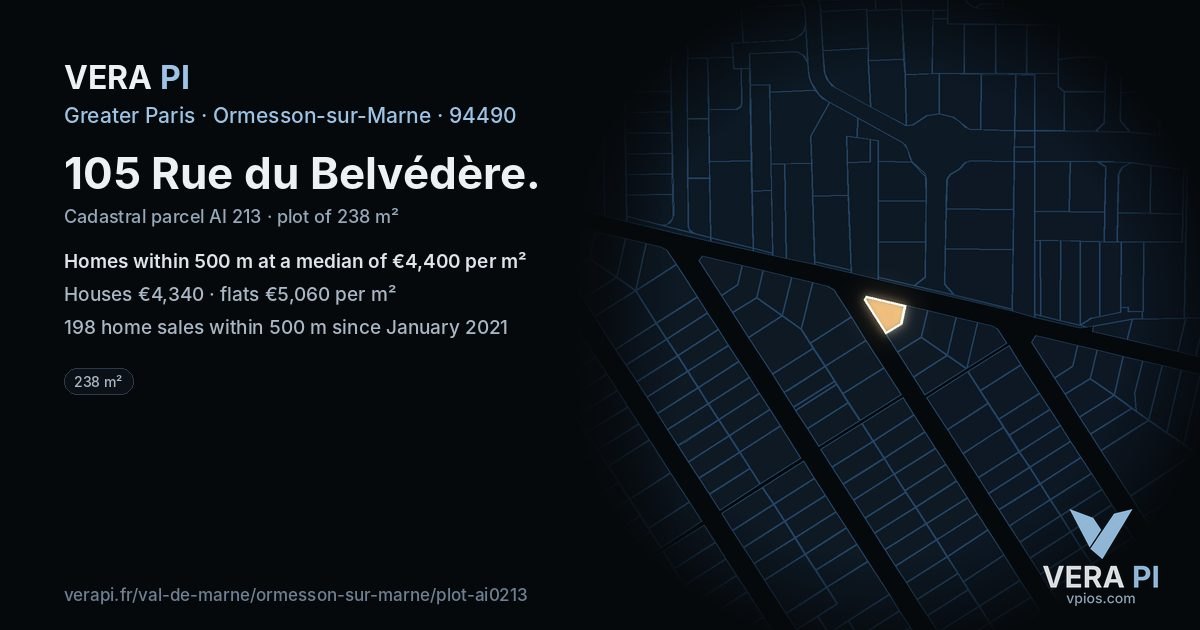 105 Rue du Belvédère, Ormesson-sur-Marne at night – the plot lit, the parcels around coloured by the prices near them