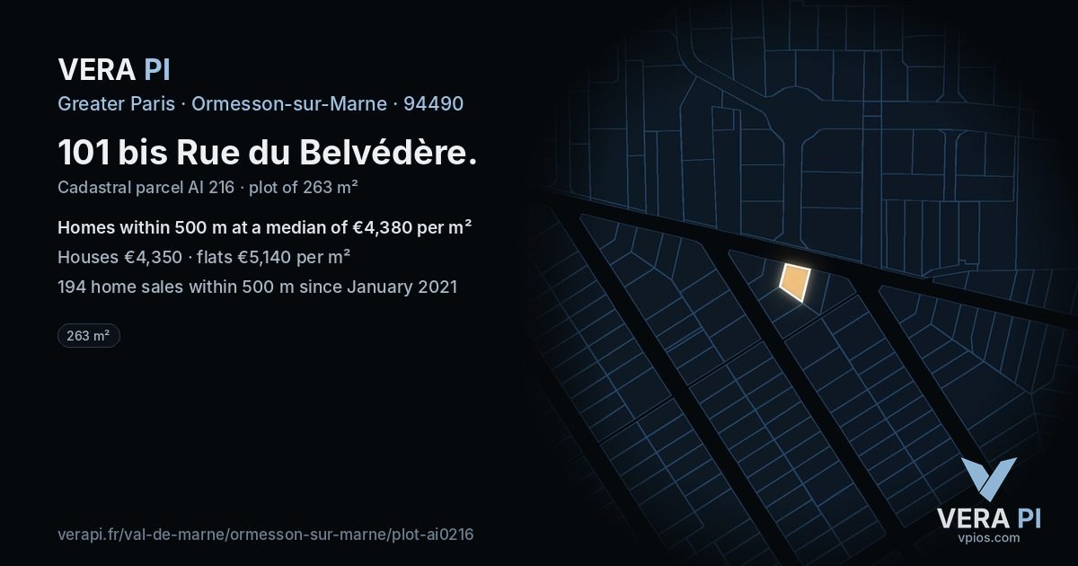 101 bis Rue du Belvédère, Ormesson-sur-Marne at night – the plot lit, the parcels around coloured by the prices near them