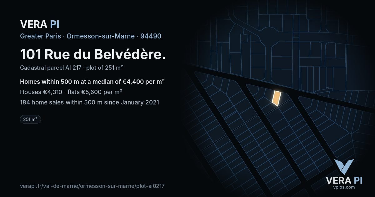 101 Rue du Belvédère, Ormesson-sur-Marne at night – the plot lit, the parcels around coloured by the prices near them