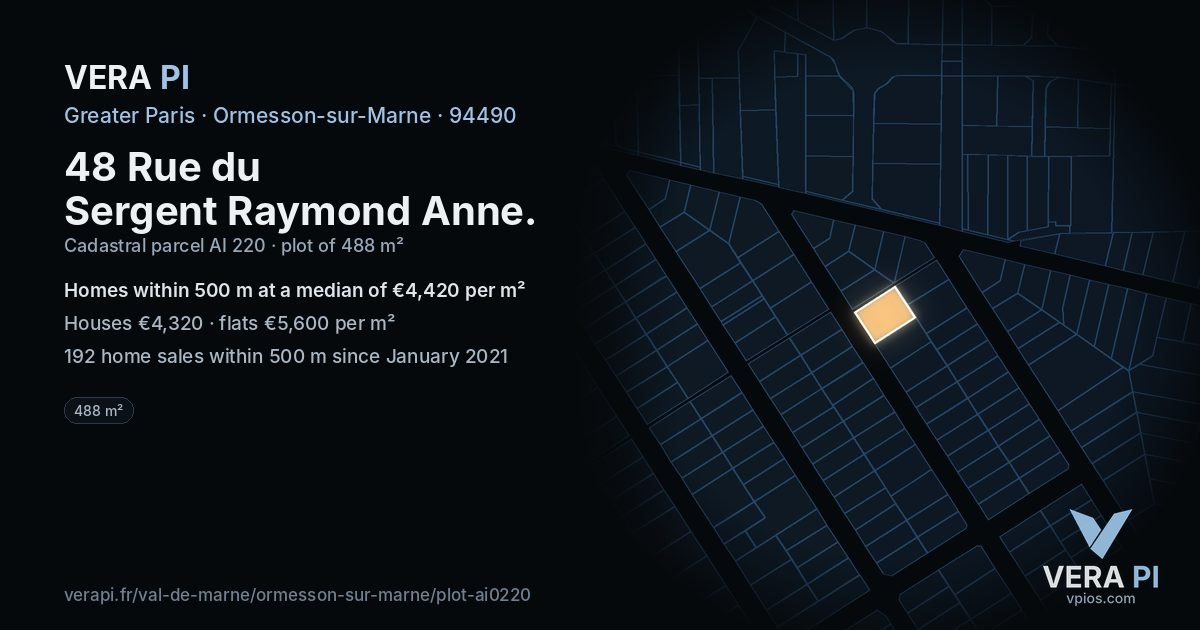 48 Rue du Sergent Raymond Anne, Ormesson-sur-Marne at night – the plot lit, the parcels around coloured by the prices near them
