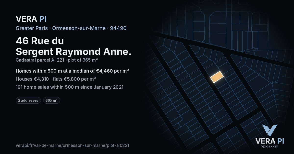 46 Rue du Sergent Raymond Anne, Ormesson-sur-Marne at night – the plot lit, the parcels around coloured by the prices near them