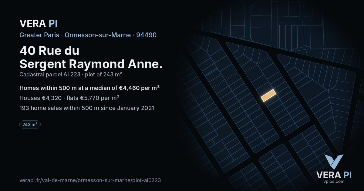 40 Rue du Sergent Raymond Anne, Ormesson-sur-Marne at night – the plot lit, the parcels around coloured by the prices near them