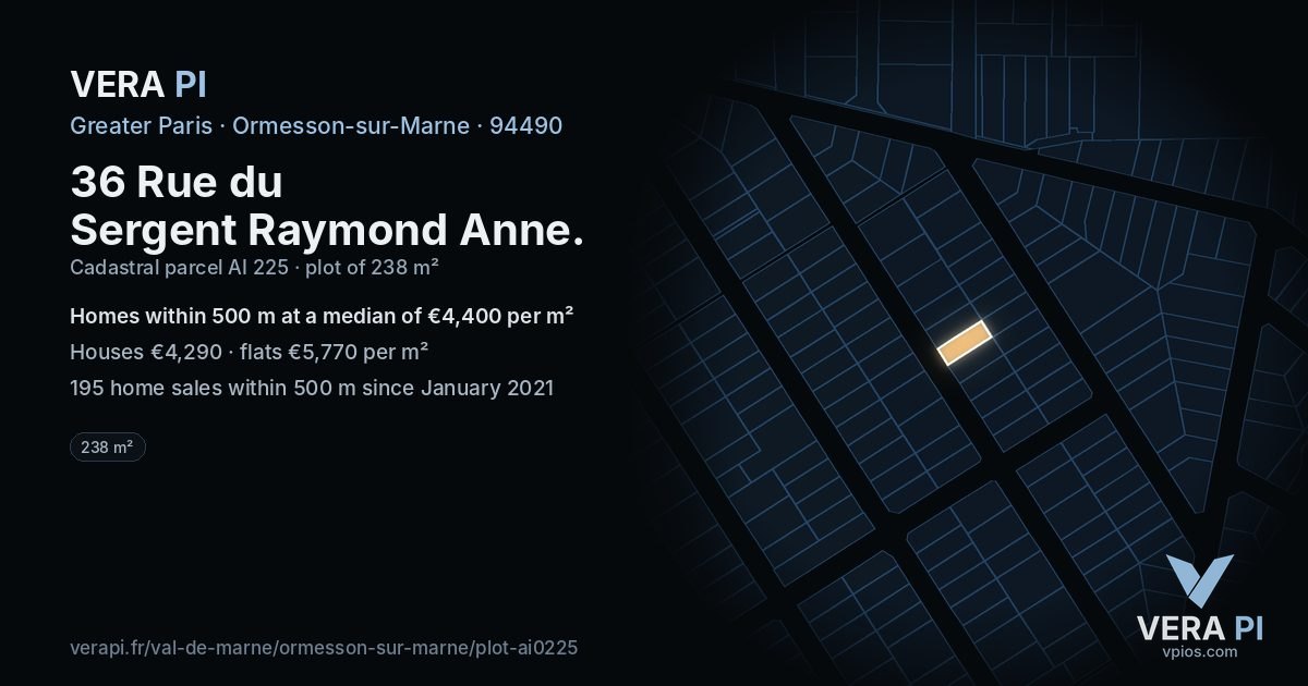 36 Rue du Sergent Raymond Anne, Ormesson-sur-Marne at night – the plot lit, the parcels around coloured by the prices near them