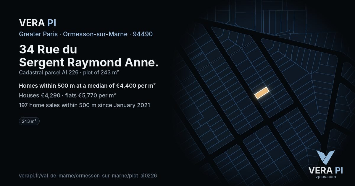 34 Rue du Sergent Raymond Anne, Ormesson-sur-Marne at night – the plot lit, the parcels around coloured by the prices near them