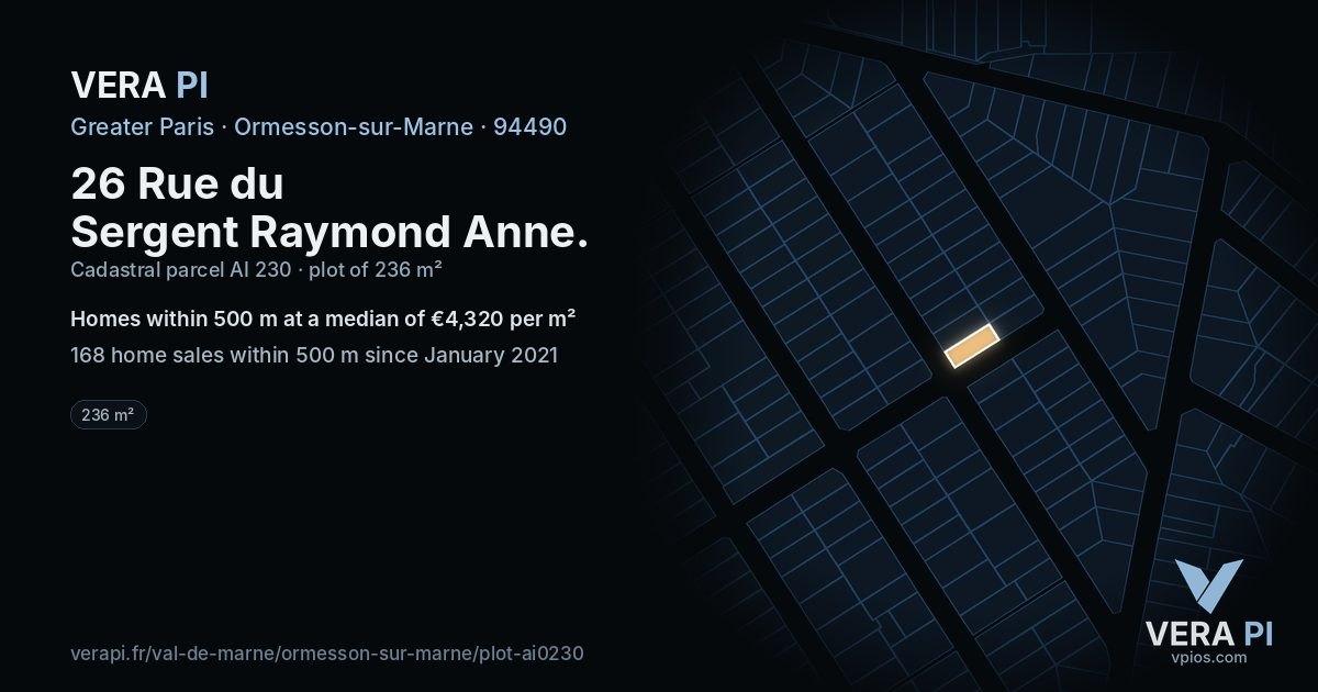 26 Rue du Sergent Raymond Anne, Ormesson-sur-Marne at night – the plot lit, the parcels around coloured by the prices near them