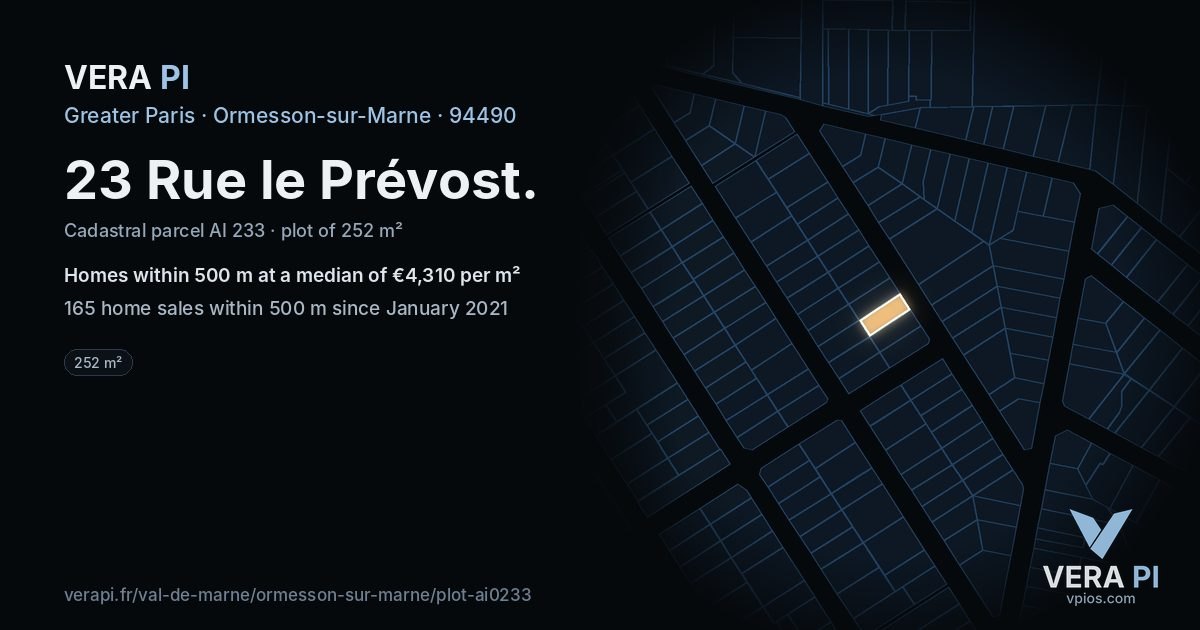 23 Rue le Prévost, Ormesson-sur-Marne at night – the plot lit, the parcels around coloured by the prices near them