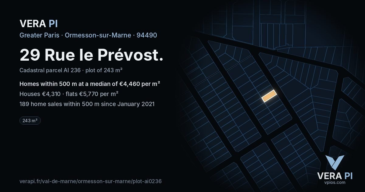 29 Rue le Prévost, Ormesson-sur-Marne at night – the plot lit, the parcels around coloured by the prices near them