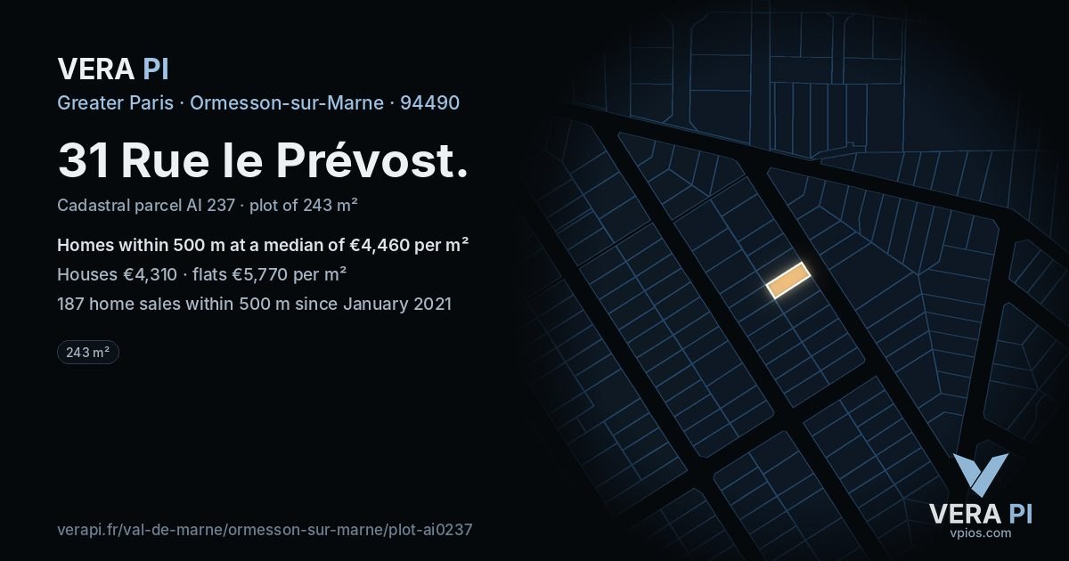 31 Rue le Prévost, Ormesson-sur-Marne at night – the plot lit, the parcels around coloured by the prices near them