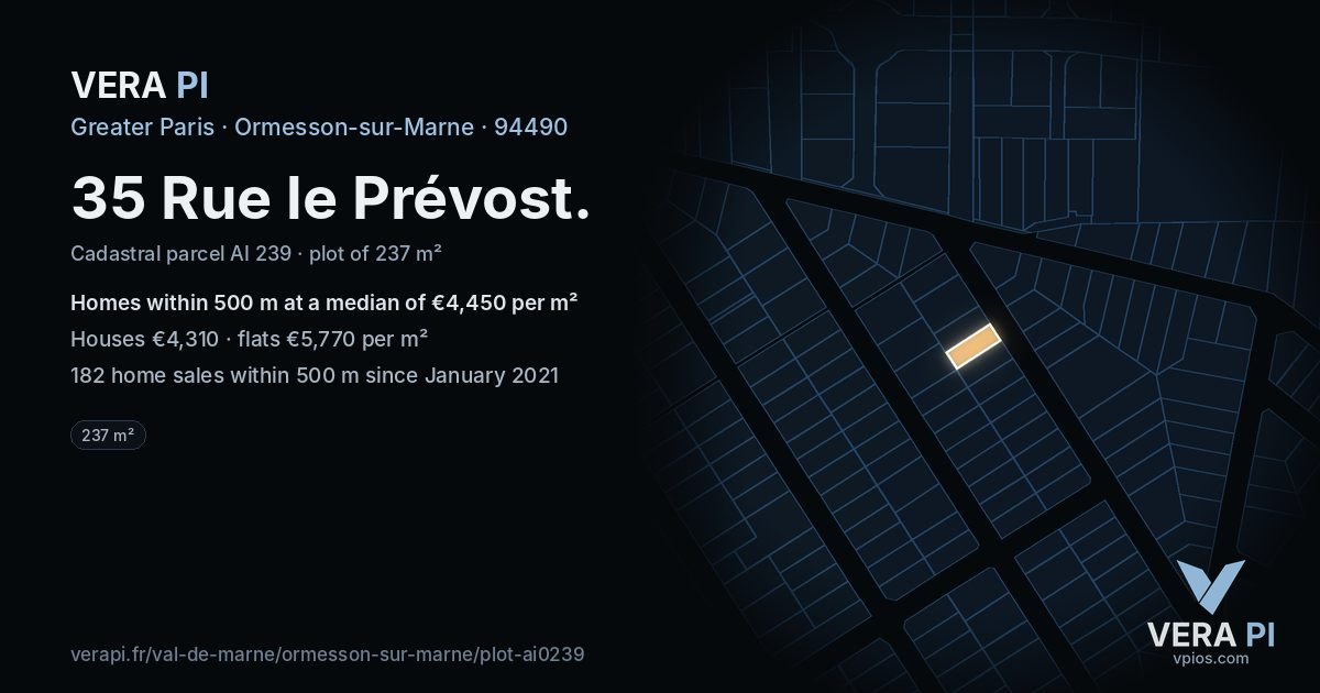 35 Rue le Prévost, Ormesson-sur-Marne at night – the plot lit, the parcels around coloured by the prices near them