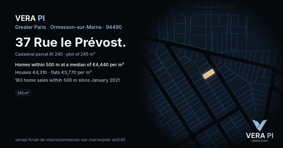 37 Rue le Prévost, Ormesson-sur-Marne at night – the plot lit, the parcels around coloured by the prices near them