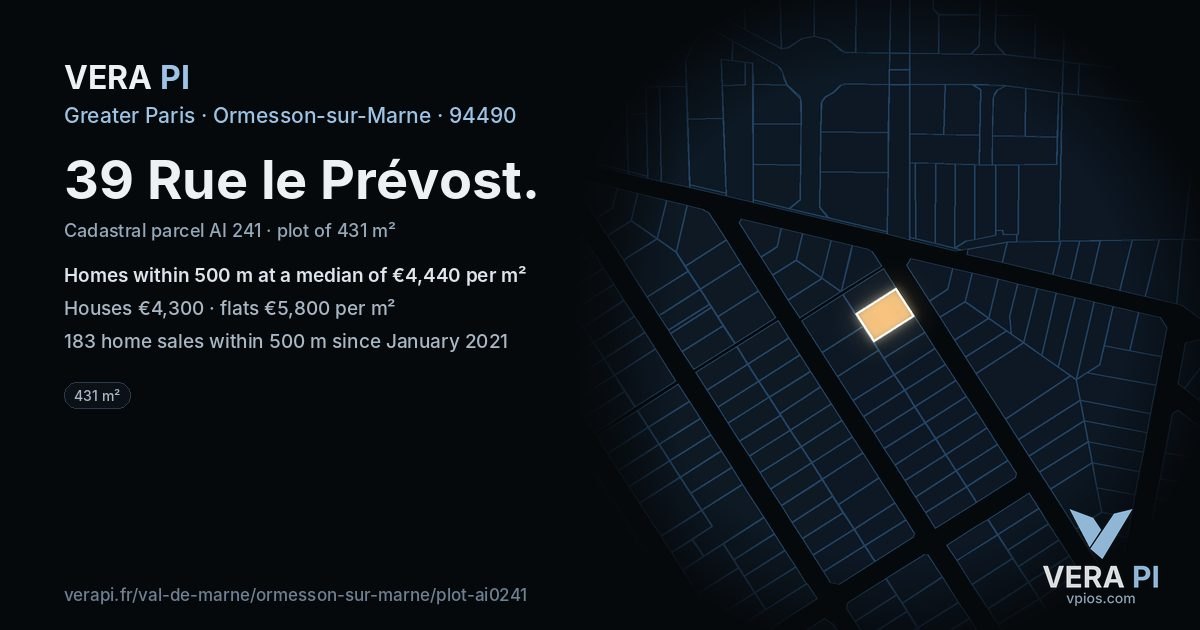 39 Rue le Prévost, Ormesson-sur-Marne at night – the plot lit, the parcels around coloured by the prices near them