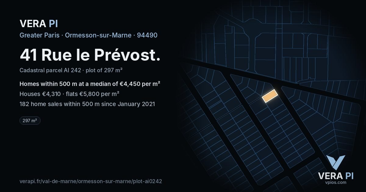 41 Rue le Prévost, Ormesson-sur-Marne at night – the plot lit, the parcels around coloured by the prices near them