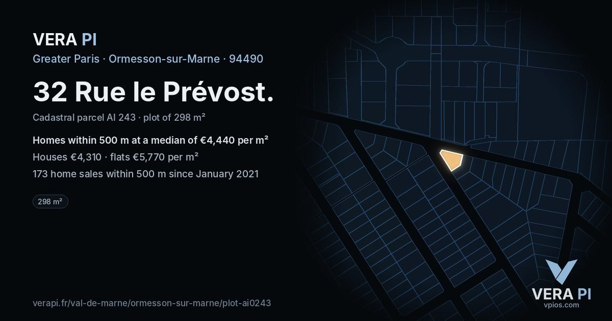 32 Rue le Prévost, Ormesson-sur-Marne at night – the plot lit, the parcels around coloured by the prices near them