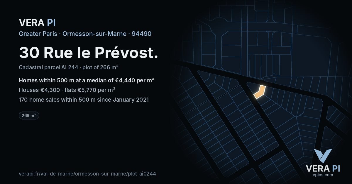 30 Rue le Prévost, Ormesson-sur-Marne at night – the plot lit, the parcels around coloured by the prices near them