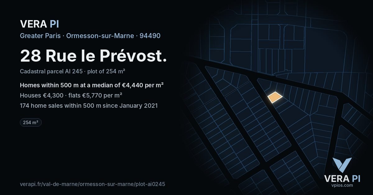 28 Rue le Prévost, Ormesson-sur-Marne at night – the plot lit, the parcels around coloured by the prices near them