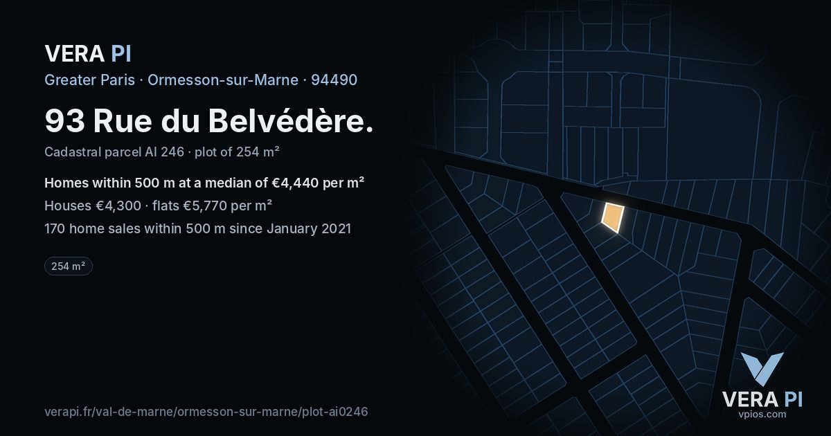 93 Rue du Belvédère, Ormesson-sur-Marne at night – the plot lit, the parcels around coloured by the prices near them