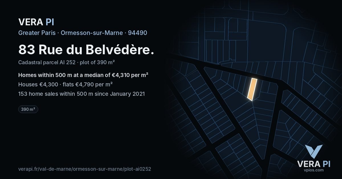 83 Rue du Belvédère, Ormesson-sur-Marne at night – the plot lit, the parcels around coloured by the prices near them