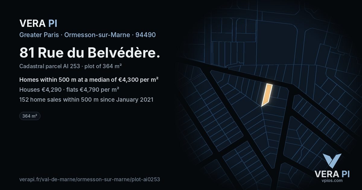 81 Rue du Belvédère, Ormesson-sur-Marne at night – the plot lit, the parcels around coloured by the prices near them