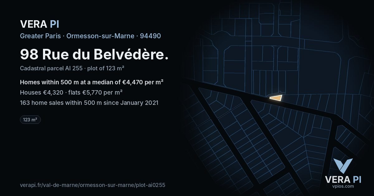 98 Rue du Belvédère, Ormesson-sur-Marne at night – the plot lit, the parcels around coloured by the prices near them